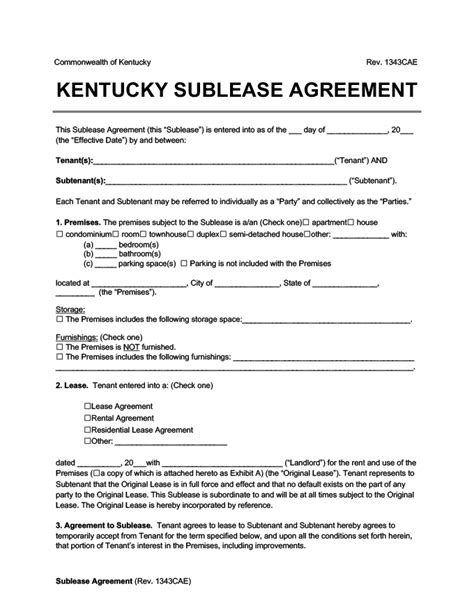 Free Kentucky Sublease Agreement Template PDF Word