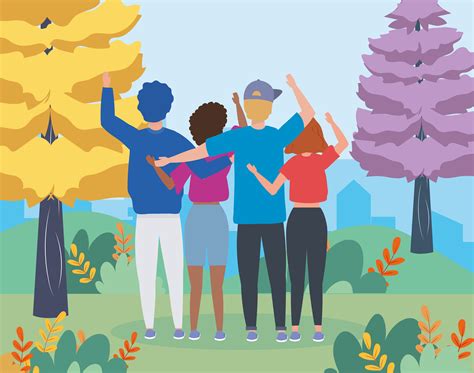 Group Of Friends Waving From Behind In Park 670672 Vector Art At Vecteezy
