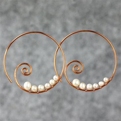 Pearl Copper Wiring Scroll Hoop Earring Handmade Us Freeshipping Anni