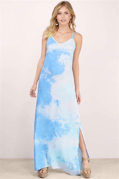 Blue Tie Dye Dress Side Slit Dress Watercolor Print Maxi Dress