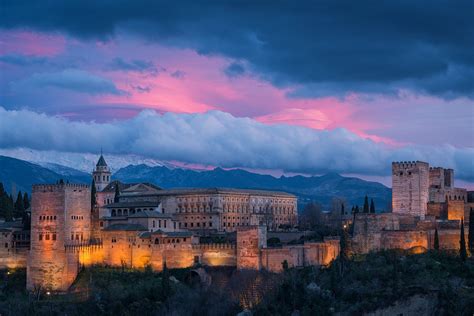 Granada Spain Alhambra Spain Sky Clouds Mountains Night Sunset