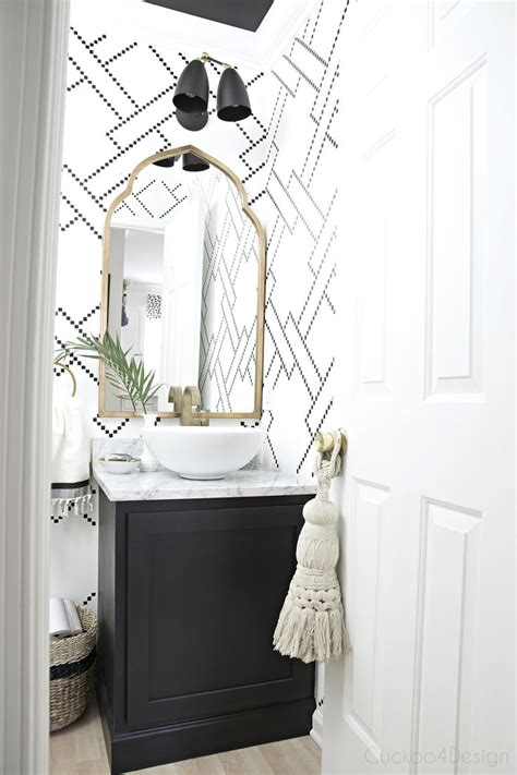 Modern powder room designed with white and gray mosaic tiles and shiplap walls. The new gold arched mirror is here | Cuckoo 4 My HoMe ...