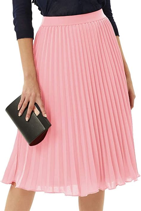 Women Vintage Elastic Waist Midi A Line Swing Pleated Skirt Pink