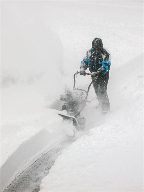 Man Snow Blowing Driveway In Blizzard Stock Photo Image Of Copy