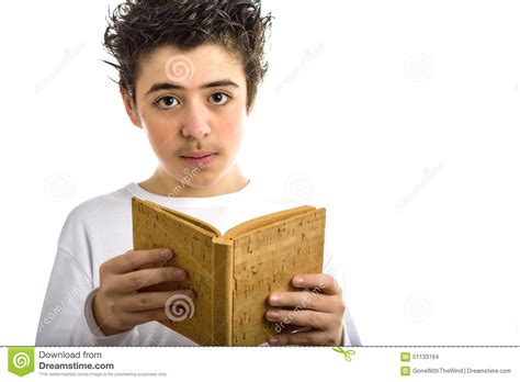 Cute Boy Reads Brown Cork Blank Book Stock Photo Image Of Brown Cork