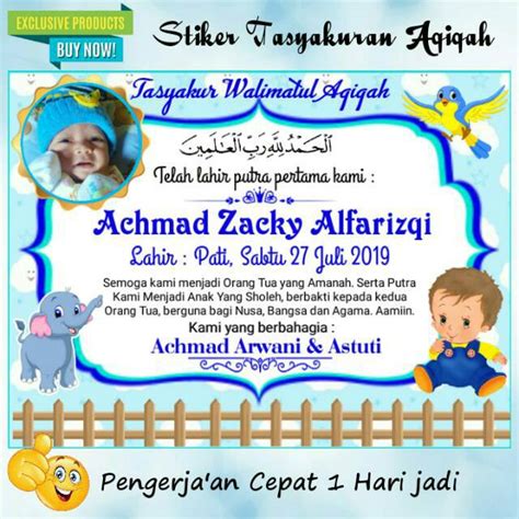 عقيقه‎) ialah penyembelihan haiwan ternakan yang dilakukan untuk anak yang baru lahir sebagai tanda bersyukur kepada allah. TERLARIS Stiker Ucapan Aqiqah Anak Full Warna - FREE Kaos ...