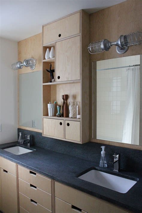 The plywood thickness (5/8 or 3/4) should be driven by the thickness of the finished floor level. Plywood bathroom cabinets - "At the last minute we decided to add the plywood panels behind the ...