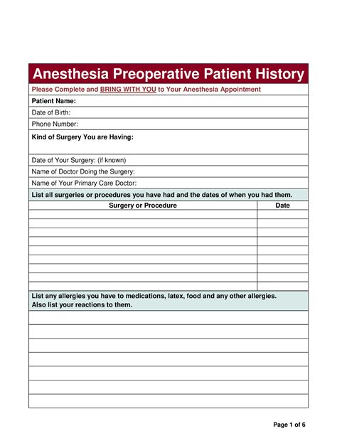 1b Anesthesia Pre Op Patient History Form Anesthesia Preoperative