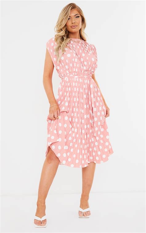 Dusty Pink Polka Dot Pleated Sleeveless Midi Dress Prettylittlething