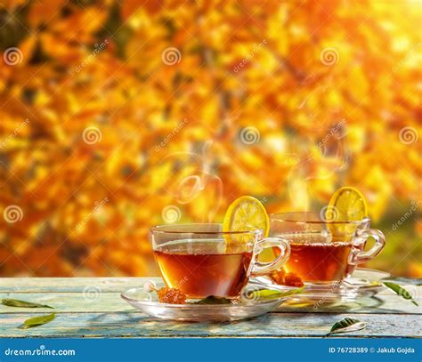 Autumn Still Life With Tea Cups On Wooden Planks Stock Image Image Of