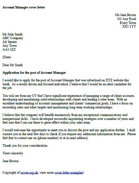 Use these cover letter outlines for your inspiration! Account Manager Cover Letter Example - icover.org.uk ...