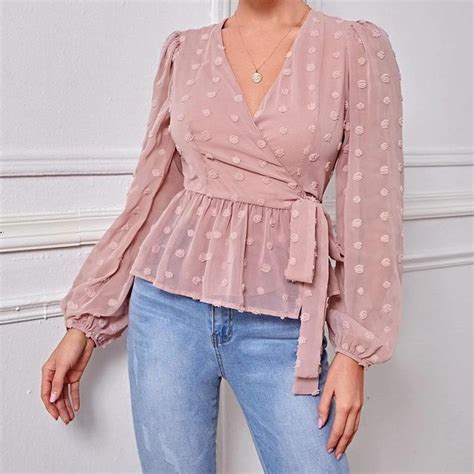 girlfairy spring autumn v neck wrap blouses women long sleeve casual office tops female solid