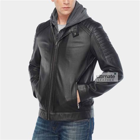 men s hooded black quilted shoulder lambskin leather jacket