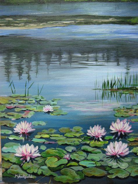 Pink Water Lilies In Acrylic By M Hatfield Water Lilies Painting