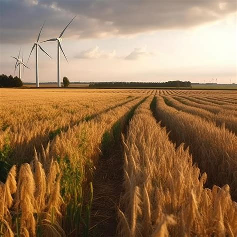 Un campo de trigo con turbinas eólicas al fondo Foto Premium