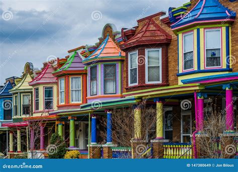 Colorful Row Houses Along Guilford Avenue In Charles Village Baltimore