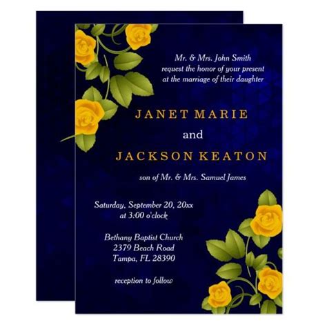 Dark Blue And Marigold Yellow Rose Wedding Invitation Marigold Yellow