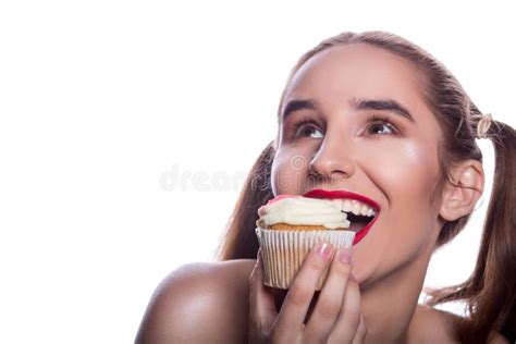 Hungry Brunette Woman Biting Flavorous Dessert With Cream Space Stock