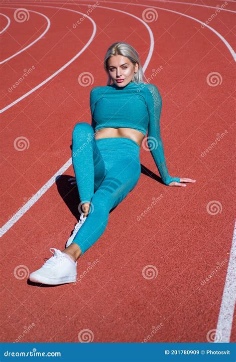 Sexual Athletic Woman In Fitness Costume Relax On Running Track Sport Stock Image Image Of