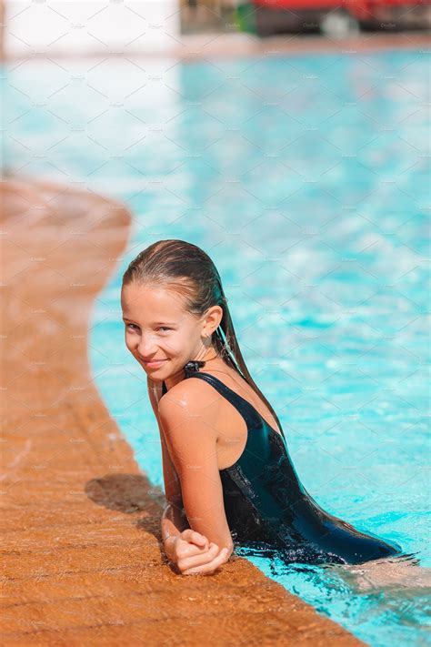 Little Adorable Girl In Outdoor Swim Featuring Vacation Girl And Pool