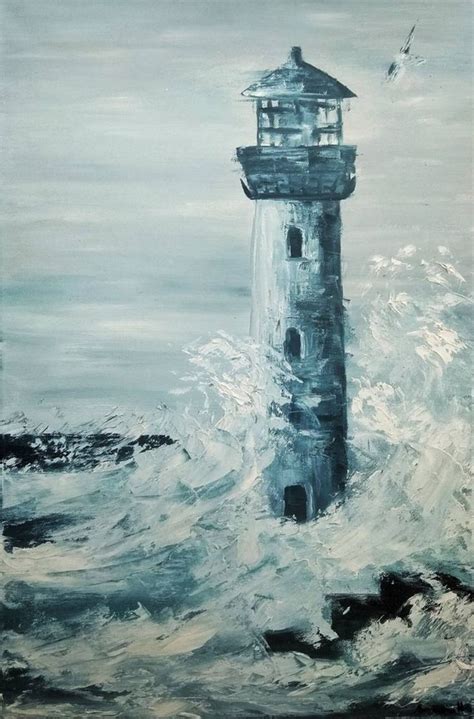 Lighthouse In The Middle Of The Storm Painting Lighthouse Seascape
