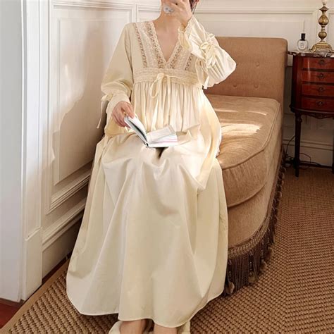 Pure Cotton Vintage Nightgowns Women Autumn Apricot Long Robe Nightie Night Dress Wear Victorian