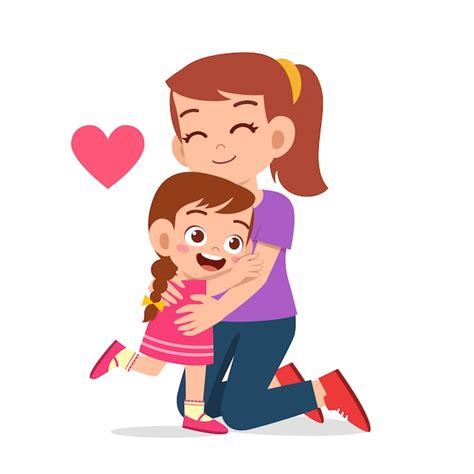 Happy Cute Kid Girl Hugging Mom Premium Vector