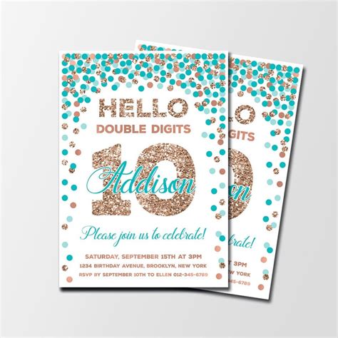 Teal And Rose Gold Double Digits Invitation Th Birthday Invitation