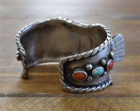 Vintage Navajo Sterling Silver Turquoise And Coral Watch Cuff Bracelet