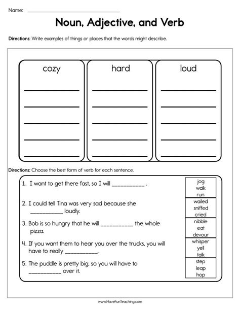 Keeping the adjective next to the noun and adverb near the verb. Noun Adjective and Verb Worksheet • Have Fun Teaching