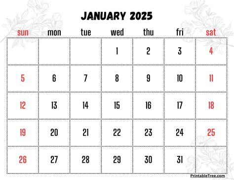 January 2025 calendar printable pdf template with holidays