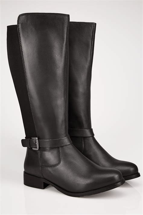 Black Leather Riding Boots With Stretch Panels In Eee Fit