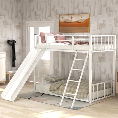 Euroco Metal Twin Over Twin Bunk Bed With Slide White