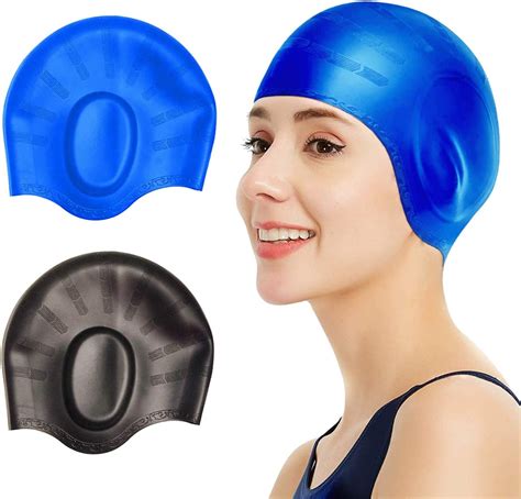 2 Pcs Swim Caps Cover Ears Durable Silicone Non Slip Waterproof Swimming Caps For Women Men 3d