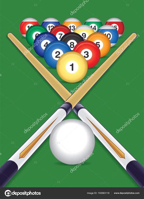 Billiard Balls And Cue Ball With Cue Sticks Crossed On Green Background Stock Vector By ©jo