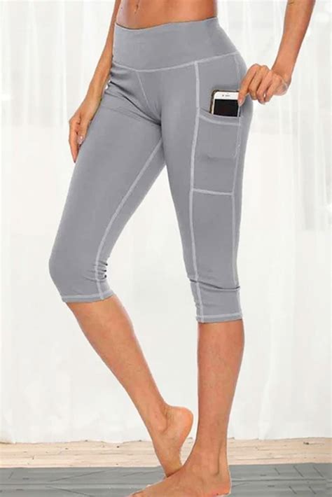 Us 5 98 Gray Workout Capris Leggings Side Pocket High Waist Running Yoga Pants Wholesale Online