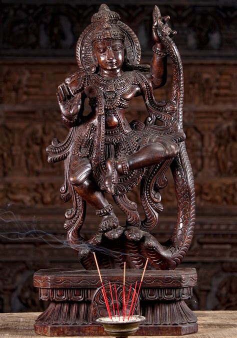 Stunning Neem Wood Hand Carved Krishna Dancing On Serpent Kaliya
