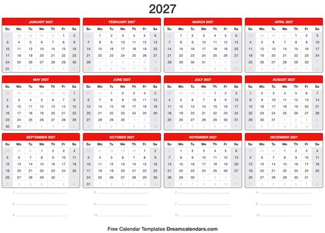 2027 Year Calendar Yearly Printable Gambaran