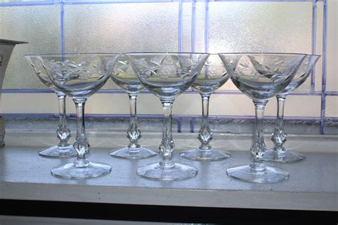 7 Vintage Mid Century Wheel Cut Crystal Champagne Glasses