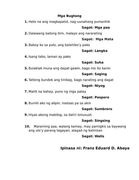 Mga Bugtong For Filipino Literature Mga Bugtong 1 Heto Na Ang