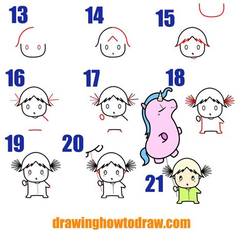 How To Draw A Cute Cartoon Kawaii Girl With Her Unicorn Balloon Easy