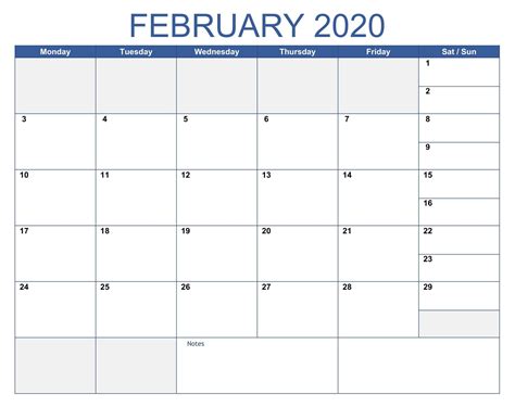 Fillable Blank February Calendar 2020 Printable Editable Template