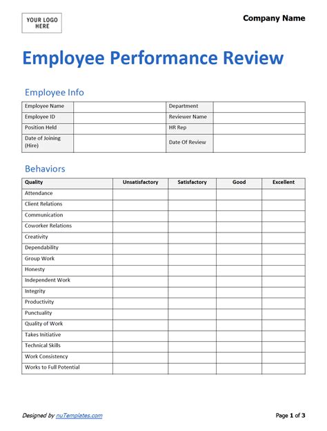 Employee Performance Review Printable