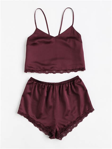 Lace Trim Satin Cami And Shorts Pajama Set Burgundy มีรูปภาพ ชุดสบายๆ เสื้อผ้า สไตล์