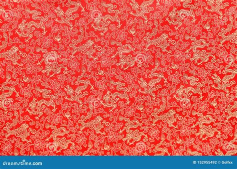 Chinese`s Style Red Cloth Dragon And Flower Pattern Stock Photo