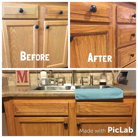 Apply stain to the newly cut grooves before sanding the doors. Honey oak cabinets restained with Genera Finishes American ...