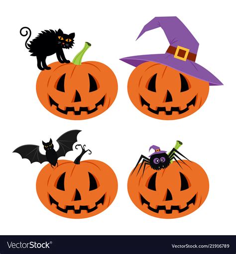 Happy Halloween Day Bat And Spider Cute Pumpkin Vector Image