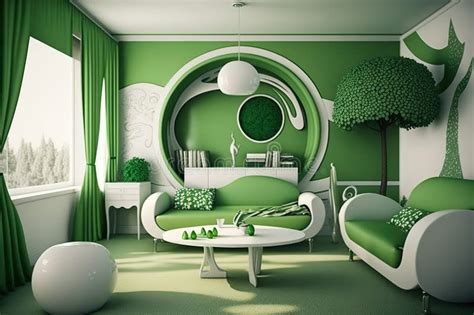 Green And White Interior Design Generative Ai Stock Illustration