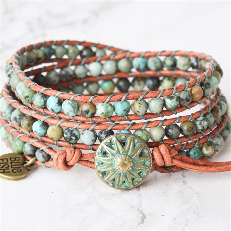 Beaded Leather African Turquoise Wrap Bracelet Turquoise Wrap