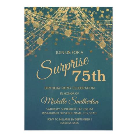 Teal Gold String Lights Surprise 75th Birthday Invitation
